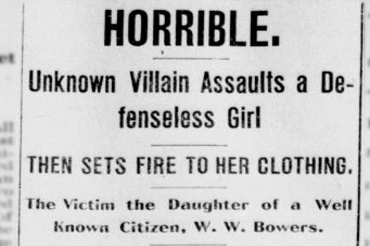 New Philadelphia, Ohio newspaper headline on the assault of Cora Bowers, June 1900. (Source: newspapers.com)