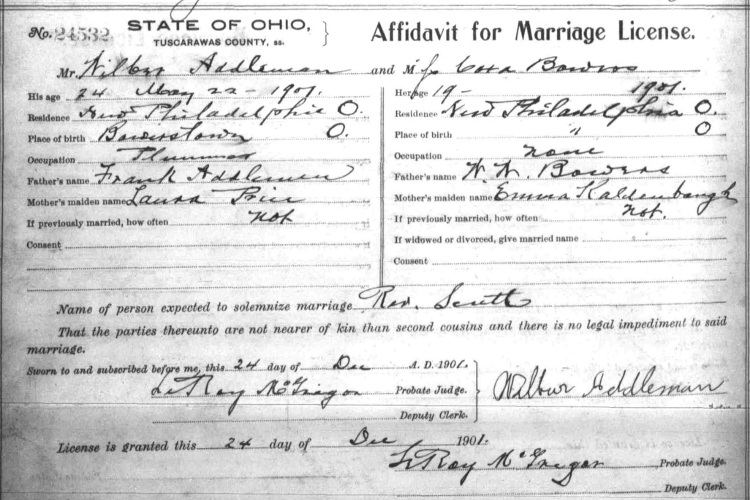 Marriage record of Cora Bowers and Wilbur Addleman, December 1901. (Source: familysearch.org)