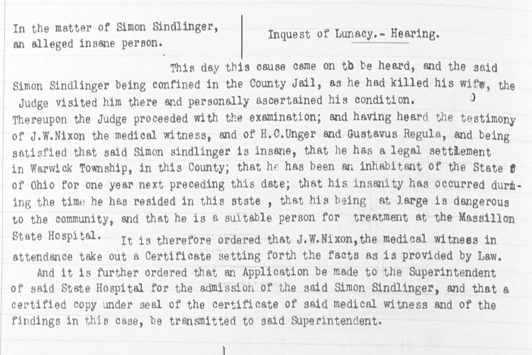Record of Simon Sindlinger, Jr.'s Inquest of Lunacy hearing, January 1907. (Source: familysearch.org)