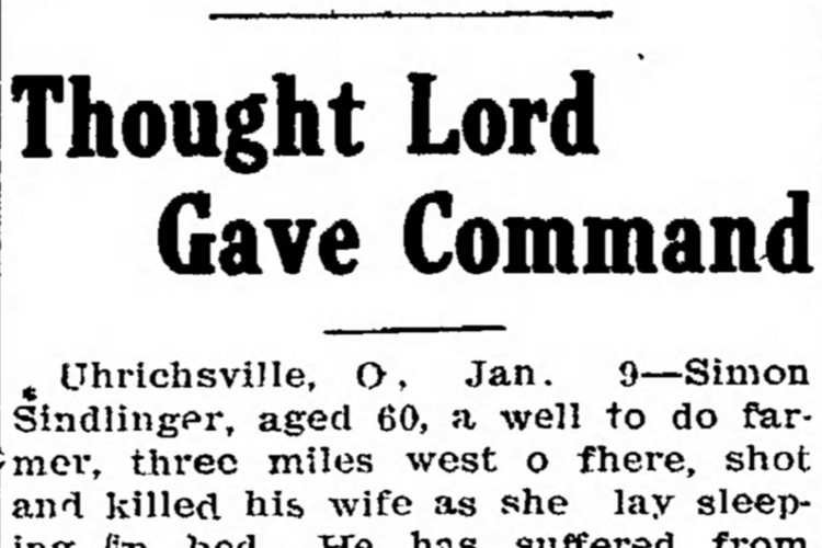 Coshocton, Ohio newspaper headline for article reporting the murder of Dorothea Sindlinger by Simon Singlinger, Jr., January 1907. (Source: newspapers.com)