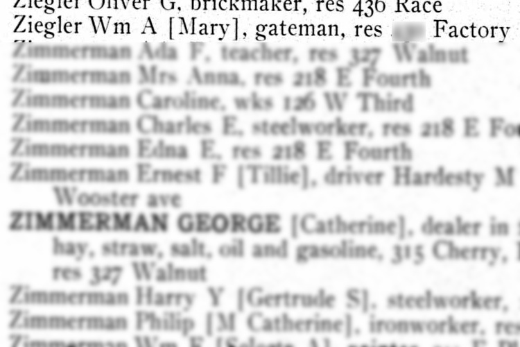 William and Mary Zeigler recorded in the 1907 city directory for Dover, Ohio. (Source: ancestry.com)