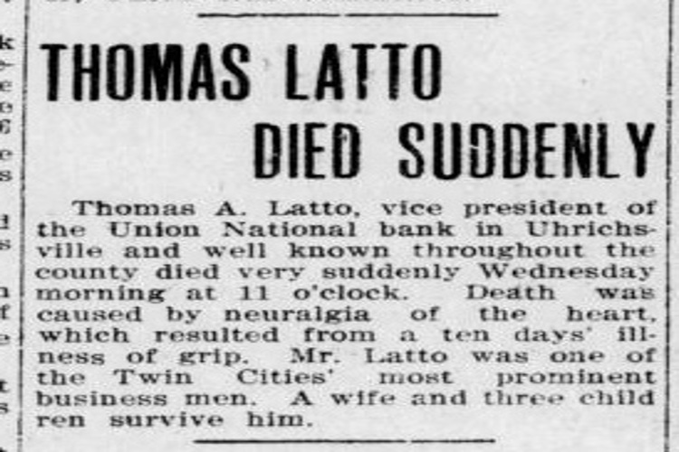 Thomas Latto's death reported in the New Philadelphia, Ohio newspaper, January 1909. (Source: newspaperarchive.com)