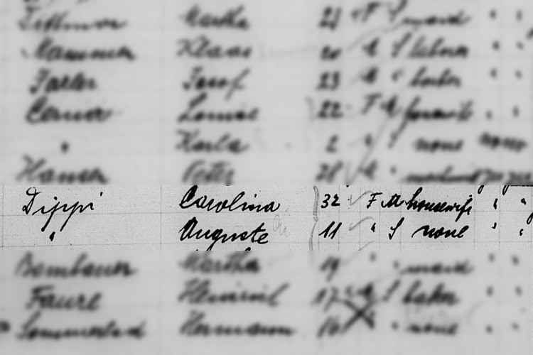Augusta Dippi and her mother recorded on a 1910 ship's list of passengers arriving in New York, May 1910. (Source: ancestry.com)
