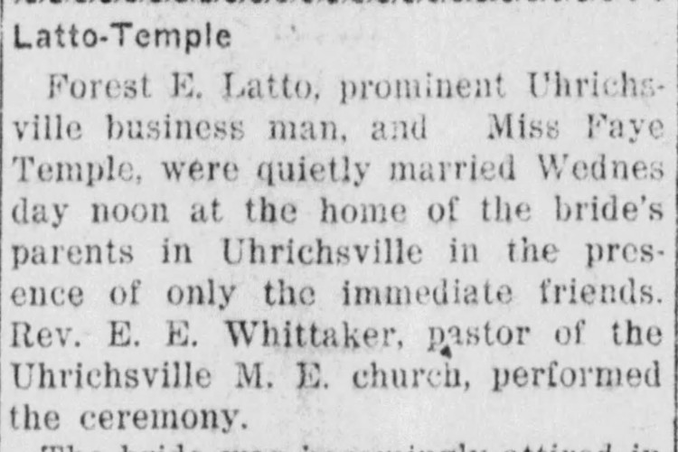 Forrest Latto's marriage to Faye Temple reported in the New Philadelphia, Ohio newspaper, January 1918. (Source: newspapers.com)