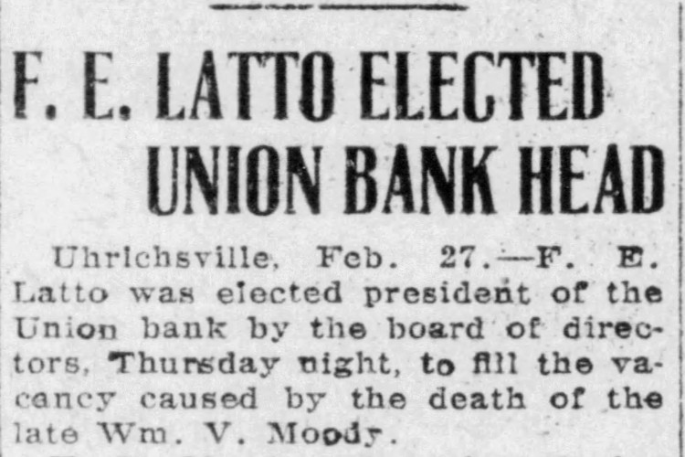 Forrest Latto's promotion to bank president reported in the New Philadelphia, Ohio newspaper, February 1925. (Source: newspapers.com)