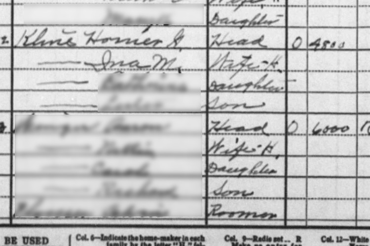 Homer Kline and family recorded on the 1930 census for Dover, Tuscarawas County, Ohio. (Source: familysearch.org)