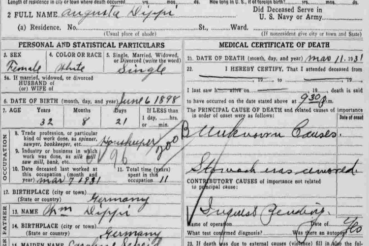 Detail from Augusta Dippi's death certificate, March 1931. (Source: familysearch.org)