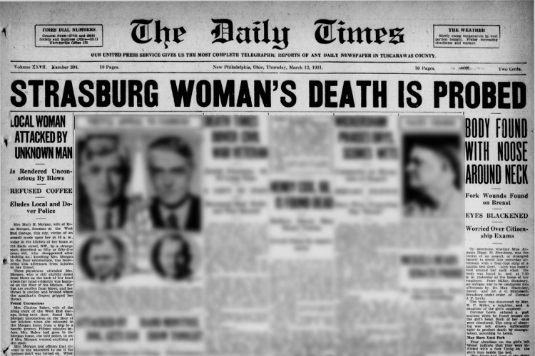 New Philadelphia, Ohio newspaper headline on the death of Augusta Dippi and an assault on another woman in Dover, Ohio, March 1931. (Source: newspapers.com)