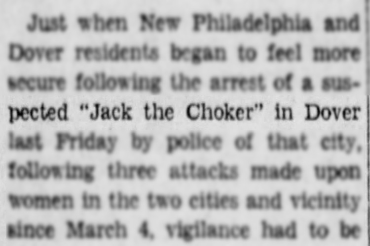 New Philadelphia, Ohio newspaper article about an attack by "Jack the Choker", March 1931. Source: newspapers.com)