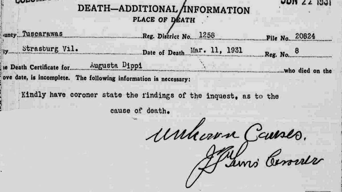 Detail from Augusta Dippi's death certificate, June 1931. (Source: familysearch.org)
