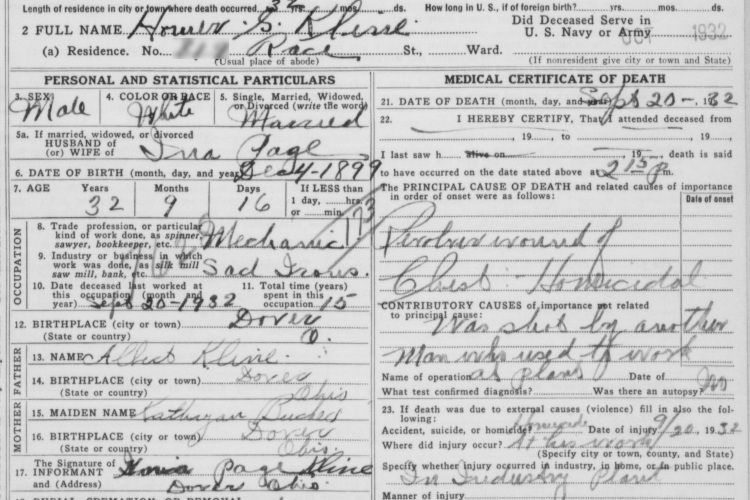 Detail from Homer Kline's death certificate, September 1932. (Source: familysearch.org)