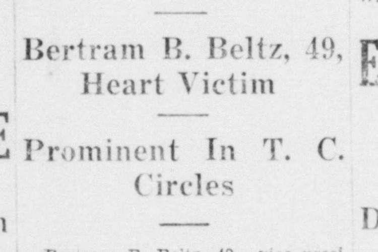 Bertram Beltz's death reported in the New Philadelphia, Ohio newspaper, October 1941. (Source: newspapers.com)
