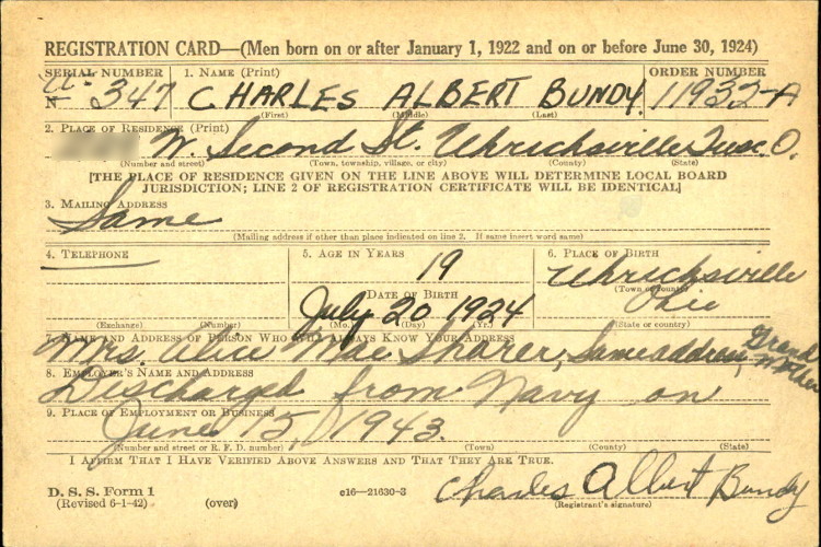 Charles Bundy's draft registration card filled out after his discharge from the US Navy, February 1944. (Source: familysearch.org)