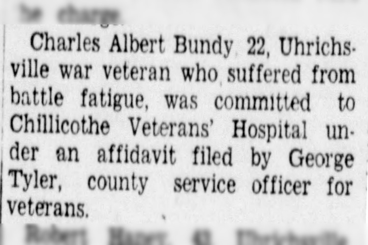 New Philadelphia, Ohio newspaper article reporting on Charles Bundy's 1947 hospitalization, April 1947. (Source: newspapers.com)