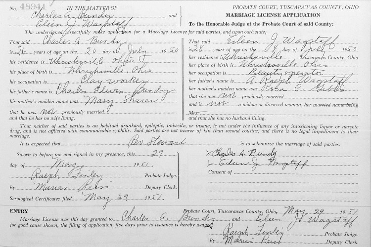 Charles Bundy and Eileen Wagstaff's marriage license, May 1951. (Source: familysearch.com)