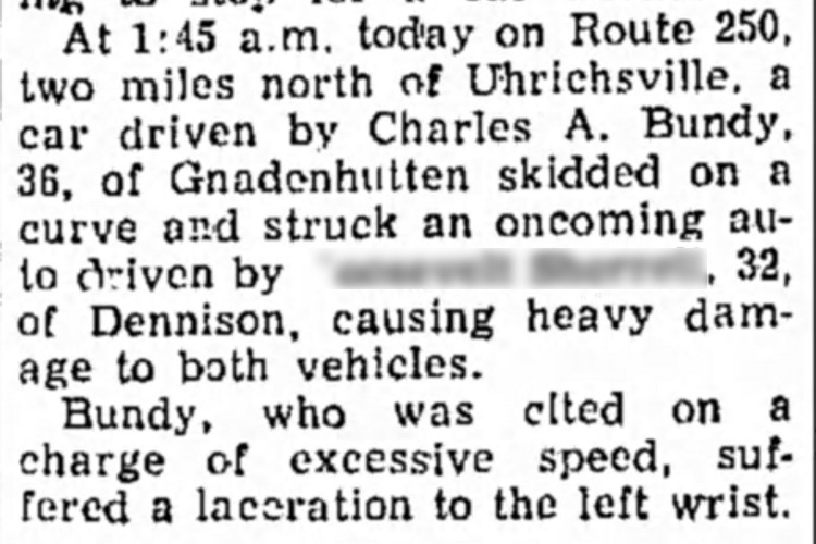 New Philadelphia, Ohio newspaper reference to Charles Bundy's car accident on February 4, 1961. (Source: newspapers.com)