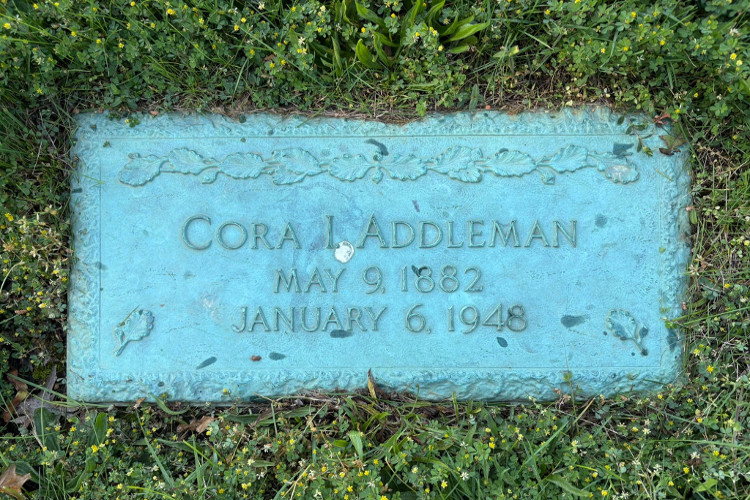 Cora Bowers Addleman's grave marker in Rose Hill Cemetery, Stark County, Ohio, 2026. (Source: findagrave.com)