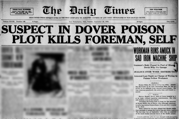 New Philadelphia, Ohio newspaper report on the shooting at the Dover Manufacturing Company, September 1932. (Source: newspapers.com)